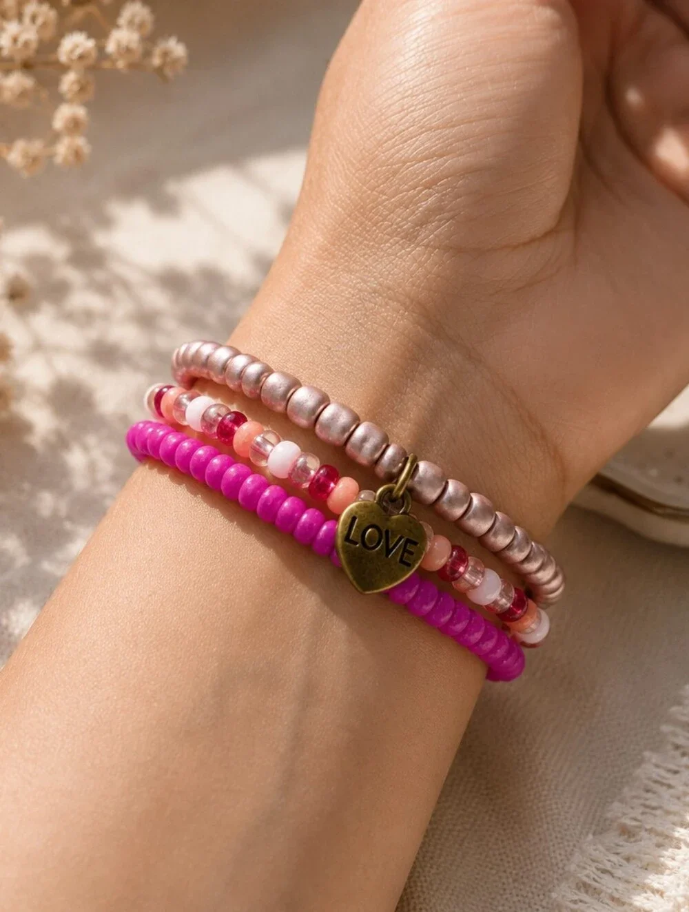 Pink Beaded Bracelet Set | Handmade 3-Piece Stretch Bracelet Stack | Hot Pink, R